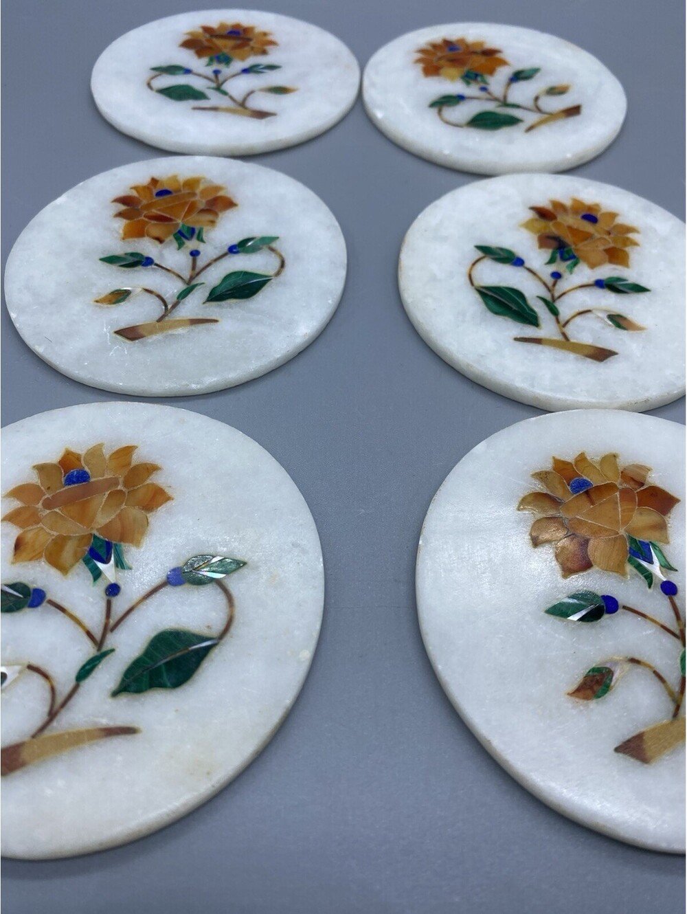 Marble 6 coasters Set Semi Precious Stones Orange Floral Handmade Inlay w MOP